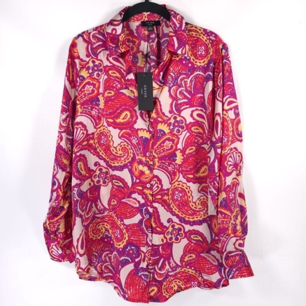 NWT HAVER LONDON Paisley Floral Button Down Shirt LS 2 Ways Untied Tied Size S/P